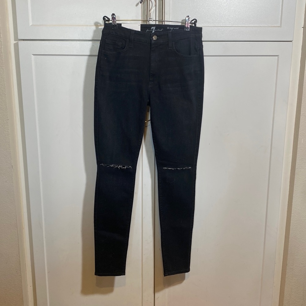 For All Man Kind Black Jeans High Waist Skinny Ripped at the Knees